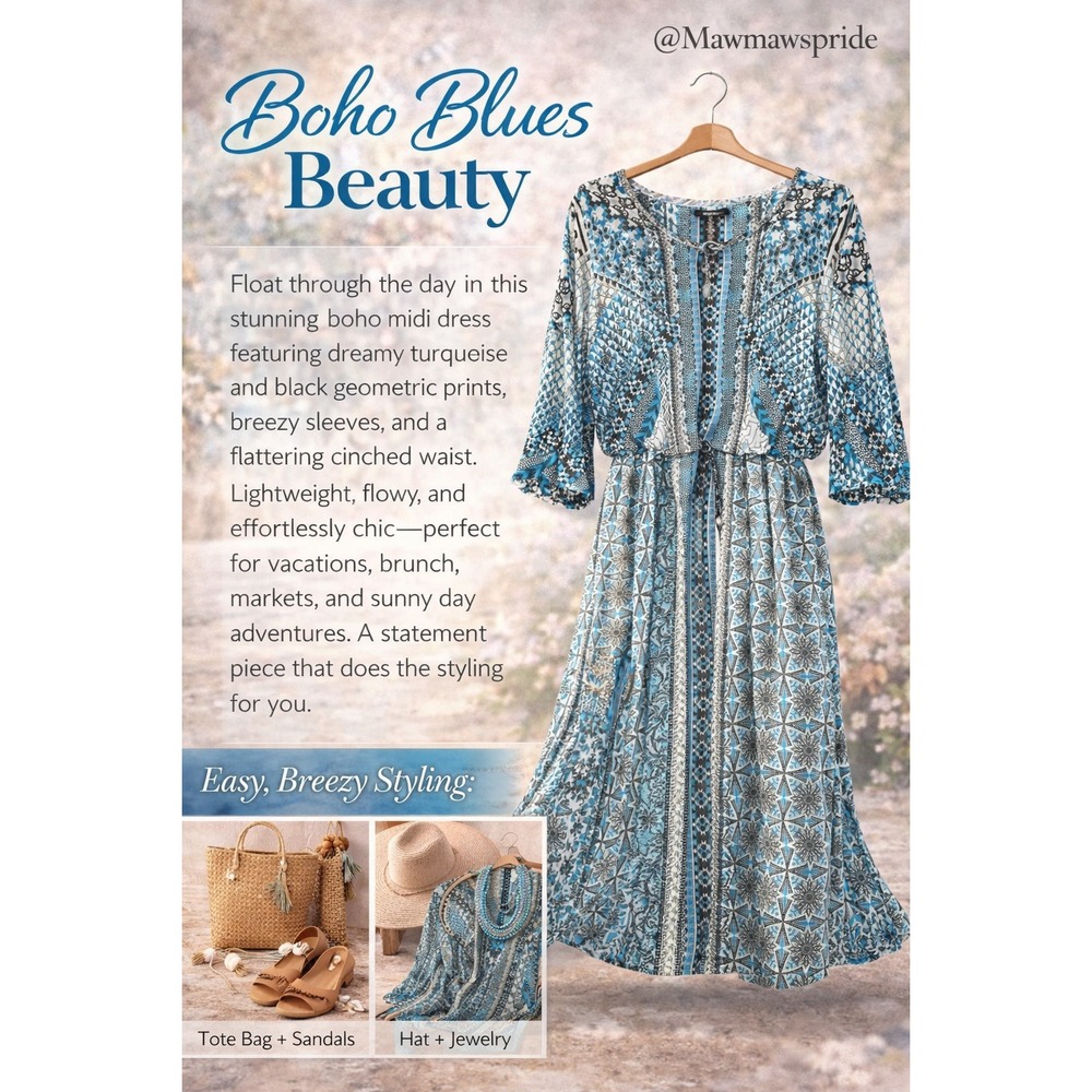 Style & Co Boho Geometric Print Dress Turquoise Black Blue Women Size Medium